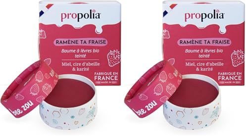 PROPOLIA - Baume à lèvres teinté Fraise - Répare et nourrit les lèvres sèches et abîmées - Miel, Cire d’abeille et Karité - 100% naturel - Fabriqué en France - Pot 6 g (Lot de 2)