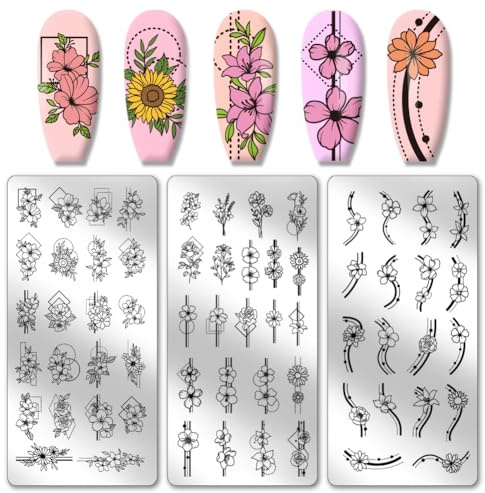 PH PandaHall 3pcs Border Flowers Nail Stamp Plates, Geometric Line Flowers Nail Stamper Plant Nail Art Stencils Print Nail Stencils Stainless Steel Nail Image Plate for Nail Art Design Manicure Salon