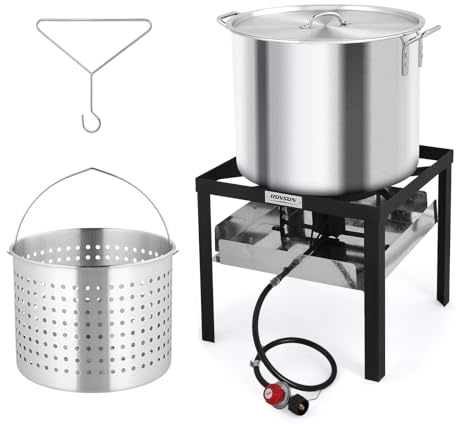 ROVSUN 80QT Turkey Fryer with Aluminum Boiler Steamer Basket & 150,000BTU Propane Burner, Outdoor Gas Deep Fryer & Seafood Crawfish Boil Pot Set with High Pressure Propane Regulator and Hose