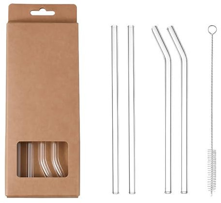 4 PCS Glass Straws Drinking Reusable, 20cm Long Diameter 0.8cm Borosilicate Glass Straws Set with 1 Pcs Cleaning Brush, for Smoothie Milk Shake Clear Water Juice Straw Hot and Cold Drinks