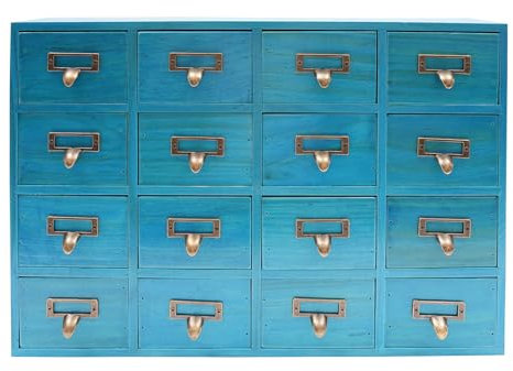 WOQLIBE Armario farmacéutico de madera, 16 cajones, armario para farmacéuticos, catálogos de biblioteca, armarios para medicamentos, caja de almacenamiento de hierbas, azul