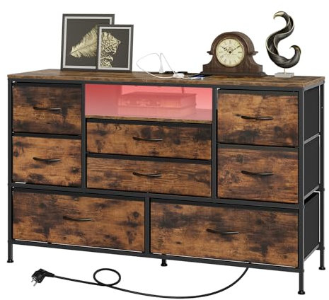 WOLTU Cassettiera con 8 Cassetti in Tessuto, Mobile per Soggiorno, Camera da Letto, Corridoio, con Luce LED, Prese Type-C+USB-A & AC, Struttura in Metallo, Marrone-Nero Vintage, 120x36x75cm, SSK013vbn