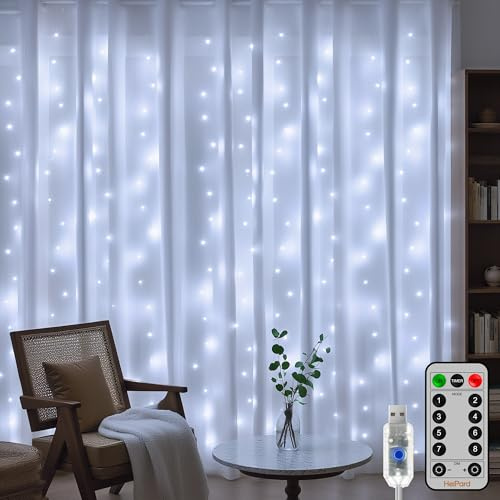 HeiPard Cortina de Luces Interior Exterior 3m x3m, 300 LED Luces Cortina Navidad, 8 Modos USB Impermeable Cascada Luces con Mando, Timer para Ventana, Habitación, Fiestas, Bodas (Blanca Fría)