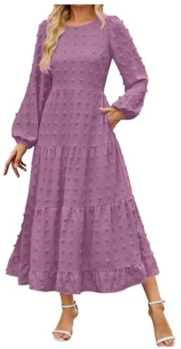 Vestido Con Ranura Corto Mujer Manga Larga Maxi Vestidos 2024 Casual Cuello Redondo Punto Sin Escalonamiento Fluido A Línea Vestido de Invitado de Boda Invierno Manga Larga Mujer, Color lila claro