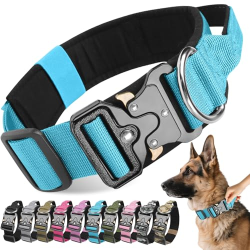 Viugex Hundhalsband, justerbart nylonhalsband för husdjur, taktiskt hundhalsband med metallspänne, hållbart bekvämt träningshalsband för alla hundtyper (blå, L)