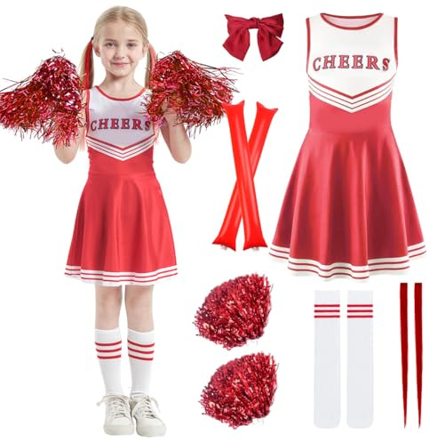 GTJEOI Cheerleader Kostüm Kinder Kleid, Kinder Cheer Outfit mit Pompoms, Socken und Kopfschmuck, Cheerleadering Outfit Mädchen, Girl Rot Cheerleader Kostüm, Faschingskostüme kinder Cheerleading