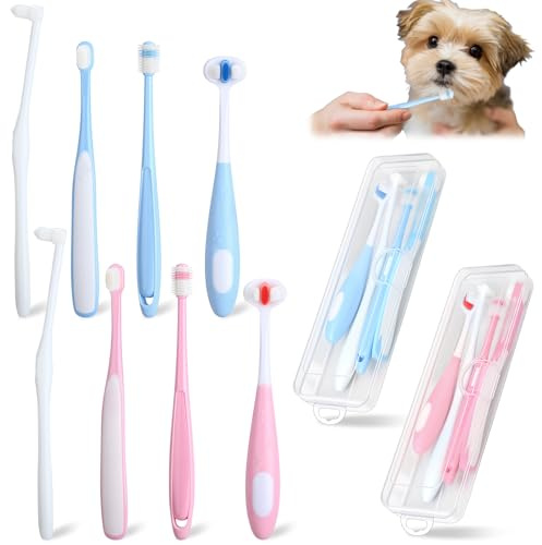 Ceenna 8 Pcs Small Dog & Cat Toothbrush with 2 Storage Clear Box 360 Degree Soft Silicone Deep Pet Teeth Cleaning Kit Cat Dental Care for Kitten and Small Dogs, 4 Different Shapes