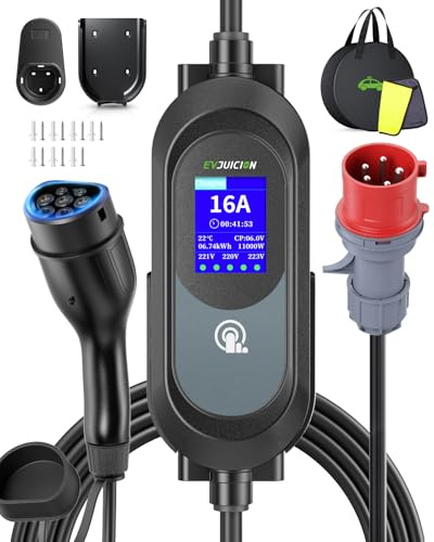 Evjuicion Cargador Coche Electrico 11 kW 8 M 3 Fases Cable de Carga Coche eléctrico 6/8/10/13/16A Cargador Tipo 2 con Wallbox Soporte, Portátil Carga para Vehículos Eléctricos Tipo 2 con Bolsa