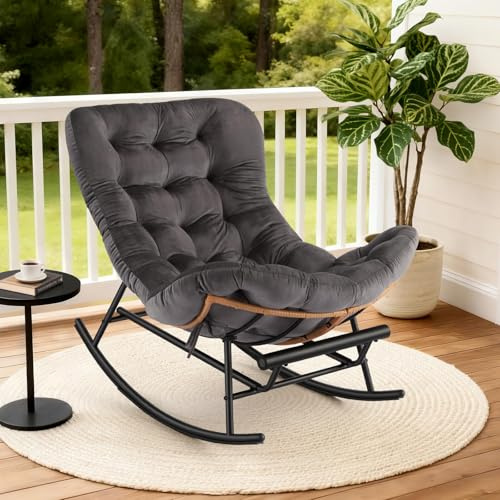 Takywep Rocking Chair - Oversized Outdoor Rocking Chairs with Footrest, Indoor Papasan Rocker Egg Chair for Bedroom, Living Room, Porch, Garden, Lawn (Dark Grey-Flannel)