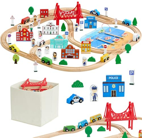 VEVOR 113PCS Wooden Train Set, for Kids Ages 3-8, Wood Train Track Toy with Storage Box, City Scene Railway Playset, Compatible with Major Brands, Christmas Birthday Toy for Toddlers Boys and Girls