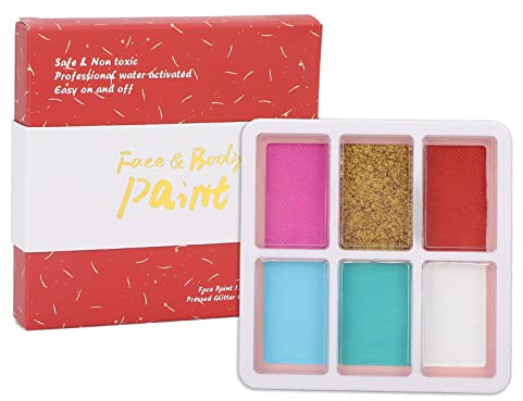 6 Color Face Body Painting Palette, Food Grade Stage Makeup Kit with Gold Glitter, Face Paint for Kids and Adults, Quick Dry Body Paint for Cosplay Party Art