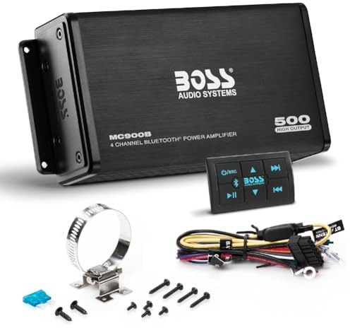 Kit Set para Boss Audio Systems MC900B, 1 Amplificador Marino Bluetooth de 4 Canales, 500 vatios máximo, Rango Completo, Clase A/B, con Controlador multifunción Iluminado, 1 Unidad