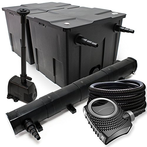 Wiltec Komplettset: CBF-350B Teichfilter bis 60000 L Teichfilteranlage, NEO10000 Teichpumpe 10000l/h 80W, CUV-272 Teichklärer 72W, 25m Teichschlauch 25 mm, HJ-943 Springbrunnen 800l/h 16W