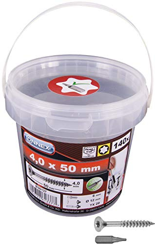 Connex Universalschrauben 4,0 x 50 mm - 140 Stück im Set - Senkkopf - TX-Antrieb - Teilgewinde - Edelstahl rostfrei - Inkl. Bit / Schrauben-Set / Schrauben-Eimer / B30137 Weiß | TX-Antrieb – Teilgewinde – Edelstahl rostfrei – Inkl. Bit – Schrauben-Set – Schrauben-Eimer – für Befestigungsarbeiten