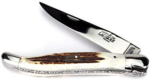 Forge De Laguiole Taschenmesser - 12 cm - Griff Hirschhorn - Klinge 10 cm glänzend - Backen glänzend