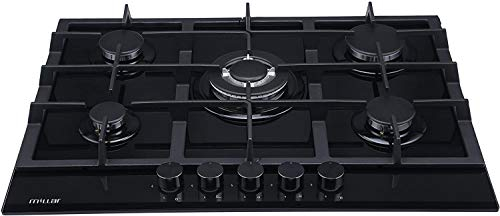 Millar GH7051TB Gas on Glass Hob 5 Burner Cooktop with Cast Iron Pan Support (70cm)