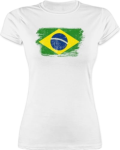 Shirt Damen - Fußball EM WM - Brasilien Vintage - S - Weiß - Brazilian t-Shirt Frauen fußballtrikot länder Brazil Tshirt brasilien+t-Shirt+Damen wm-Shirts Country Brasil Funshirt t brasilianisch