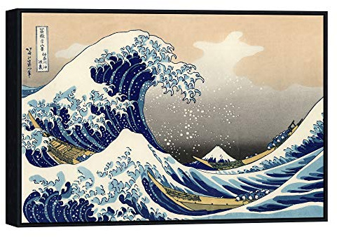Wieco Art Impression sur toile avec cadre noir Grande vague de Kanagawa Hokusai Giclee Impression sur toile Abstrait Paysage marin Tableaux pour décoration de salon, décoration de maison