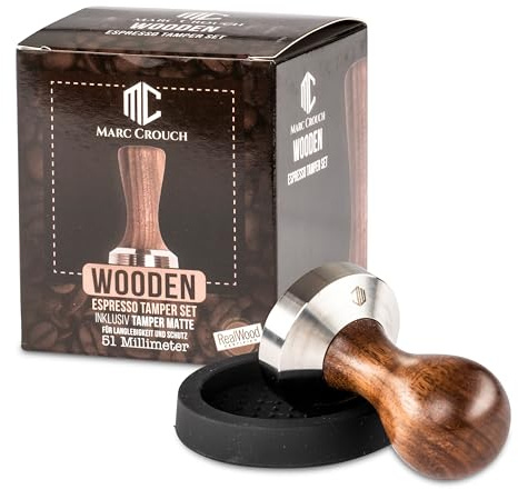 Marc Crouch® 58mm Kaffee Tamper Set aus hochwertigem Buchenholz und Edelstahl inkl. Silikonmatte 58mm + 3 Stencil/Schablonen – Intensiver Kaffee Genuss Dank Espresso Stempel (58mm)