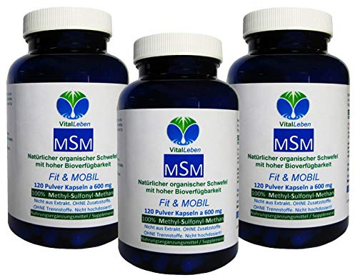 Fit & MOBIL - MSM - Natürlicher organischer SCHWEFEL - 360 (3x120) Pulver Kapseln - HOCHWIRKSAM (Methyl-Sulfonyl-Methan) - OHNE Füllstoffe - OHNE ZUSATZSTOFFE. 26905-3