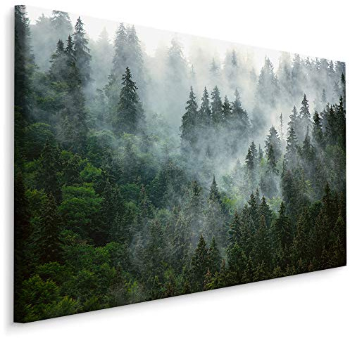 Muralo Wandbilder Natur, Wald, Bäume, Nadelwald, Nebel, Himmel - 70x50 cm | Leinwandbild, Modernes Design, Aufhängefertig, UV-beständig - ideal für Wohnzimmer und Schlafzimmer, Eine ruhige Waldoase