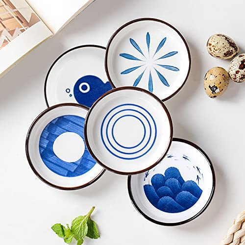 YAANBUNB 5 Stück Keramik Dipschalen, 80 ml Klein Keramik Saucenschalen 9CM | Blau und Weiß Mini Gewürzschale Soja Saucenschälchen Tapas Schalen Set Snackschalen Sojasauce Schälchenn für Sushi, Snack