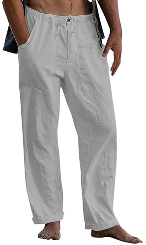 LVCBL Pantalones Largos de Playa Informales de Algodón y Lino para Hombre Pantalones Lisos de Verano para Hombre Gris Claro L