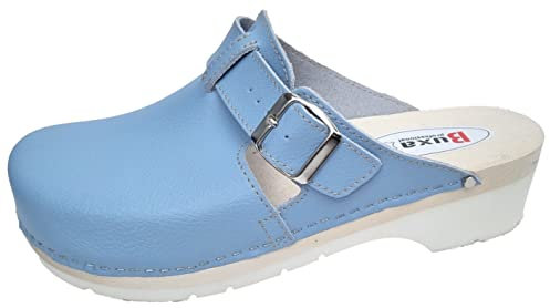 Schweden Holz Clogs - Pantolette Gr.35-36-37-38-39-40-41-42 BLAU (leise Schritte), Echt Leder Unisex Komfort Weite (40)