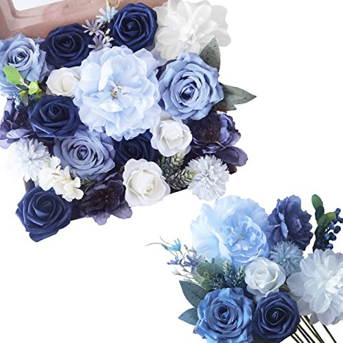 Jewlri Künstliche Blumen Kunstblumen Gefälschte Seidenblumen Faux Brautstrauss Blumen Strauß DIY Combo Deko für Hochzeit Blumenarrangements Blumensträuße Zuhause Garten Party Vintage Staubiges Blau