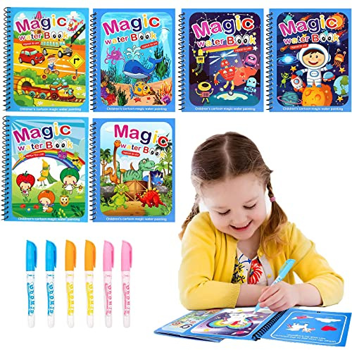 Wassermalbuch 6 Stück Water Wow Malbuch, Magic Water Colouring Book mit 6 Wasserstifte, Wiederverwendbares Magisches Malbücher Set, Wasser Malbuch Doodle für Kinder