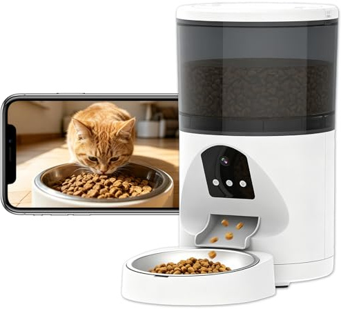 ANTELINK Distributore Automatico Cibo WiFi per Gatti e Cani 6L, 2.4Ghz WiFi, Dispenser Crocchette per Crocchette, 3MP HD Telecamera con Visione Notturna, Audio Bidirezionale, Controllo App, Bianco