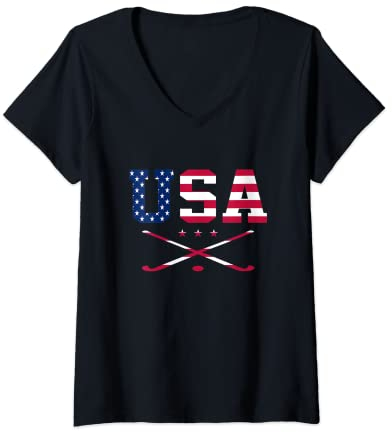 Damen Hockeyschläger, Hockeyschläger, Grafik, USA, Hockey T-Shirt mit V-Ausschnitt