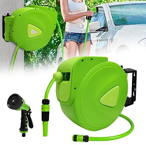 TRMLBE Avvolgitubo 30 m + 2 m, tubo da giardino, tubo dell'acqua a tamburo con 9 modalità, doccetta a parete, tubo automatico, girevole a 180°, verde