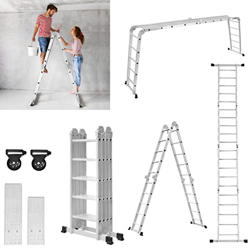 Yznahre 6 in 1 Mehrzweckleiter 584cm Aluminium Leiter mit Plattform & Räder, Klappleiter Gelenkleiter Multifunktionsleiter Kombileiter Anlegeleiter Stehleiter bis 150KG, 4x5 Stufen, Silber