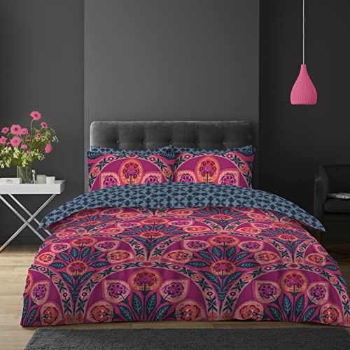 GC GAVENO CAVAILIA 4 Piece Flowers Reversible Bedding Set - Double Duvet Cover, Fitted Sheet & Pillowcases - Modern Luxurious Linen Super Soft Botanical Floral Complete Bed Set - Multi