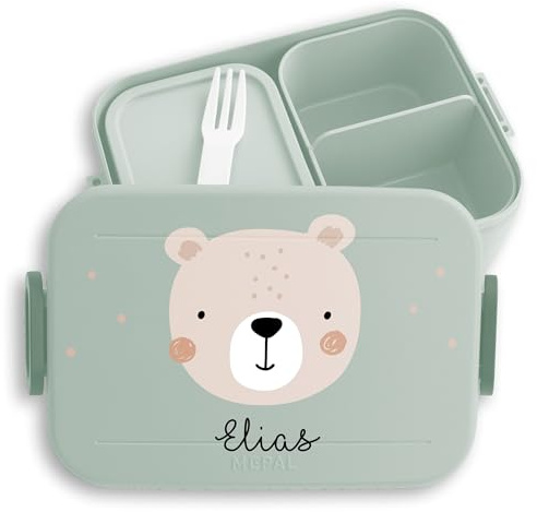 Kinder Bento Box Midi Lunchbox für Mepal Bentobox - Boho Bär Brotdose Bärenmotiv I Bären I Bear - 900 ml - Sage Grün - kita geschenke einschulung jause bärchen snackbox dose name