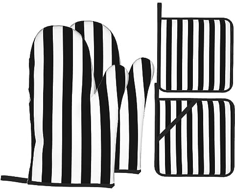 Ofenhandschuhe, schwarz-weiß gestreift, hochhitzebeständige Ofenhandschuhe und Topflappen für Küche, Kochen, Backen, Grillen