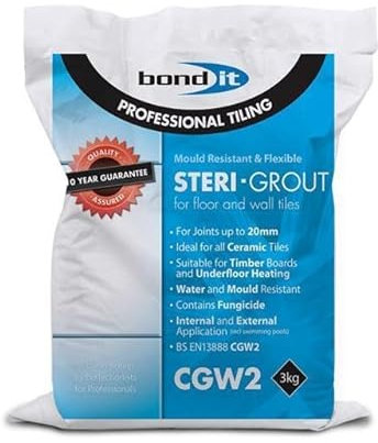 Bond it STERI-GROUT Mould Resistant Flexible Floor & Wall Tile Grout Kitchen Bathroom Hygienic Steri 3KG Colours (Limestone)