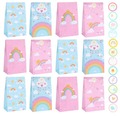 GOTFUN Geschenktüten, 12 Stück Tüten Kindergeburtstag Regenbogen Partytüten mit 12 Aufklebern Papiertüten Kinder für Kindergeburtstagsfeiern Giveaways Geburtstag Hochzeitsfeiern