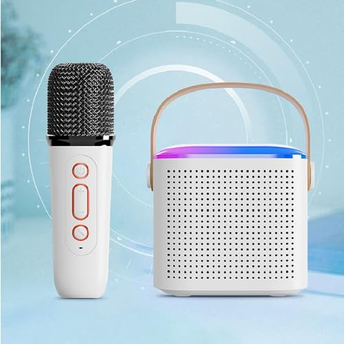 BSOMAM Mini-Karaoke-Maschine, tragbare Bluetooth-Karaoke-Maschine mit kabellosem Mikrofon für Kinder und Erwachsene, Sprachwechseleffekte und LED-Lichter für Geburtstagsgeschenke, Heimparty (Weiß, 1