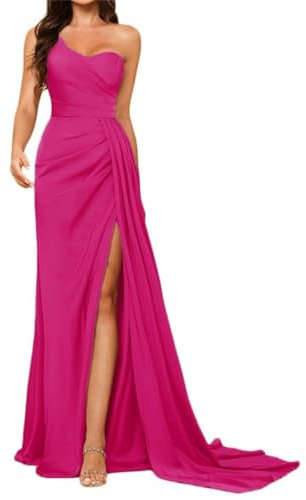 Vestidos de dama de honor de satén de un hombro para mujer 2023 con abertura, vestido largo formal de graduación, vestidos de fiesta fruncidos, fucsia, 54 Más