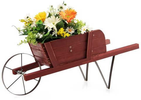 COSTWAY Blumenwagen, Pflanzwagen mit 9 magnetischen Zubehörteilen & 1 Eisenrad & 2 Griffen, Blumenkarre aus Kiefernholz für Innen- & Außenbereich, 5kg belastbar (Rot)