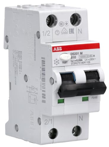ABB DS201 M B10 A30 FI/LS-Schalter RCBO 1P+N Typ A 10kA 30mA 10A | Kombinierter Schutzschalter - 2 TE Breite fuer DIN-Schienenmontage - Schutz vor Ueberlast, Kurzschluss & Fehlerstroemen