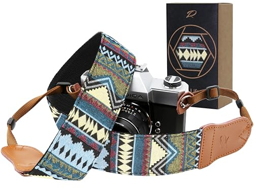 Padwa Lifestyle Camera Strap - 2 Wide Cowhide Head Cotton Camera Straps for Photographers,Vintage Universal Neck & Shoulder Camera Straps for All DSLR（Cool Ethnic Style Green）