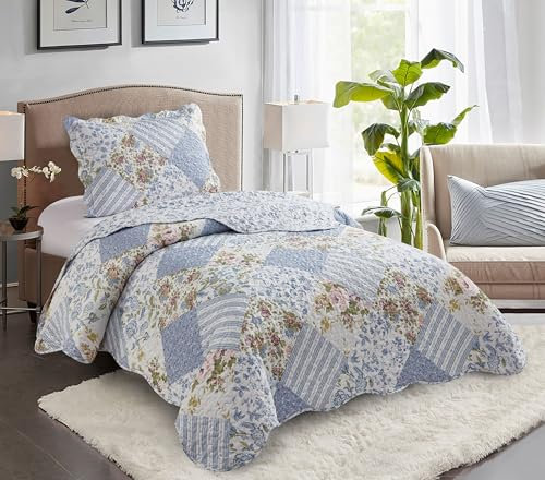 Brilliant Sunshine Blue Rose Patchwork, 2-teiliges Steppdecken-Set mit 1 Kissenbezug, wendbare Tagesdecke, weiche, leichte Decke, für alle Jahreszeiten, Doppelbett, blaue Rose