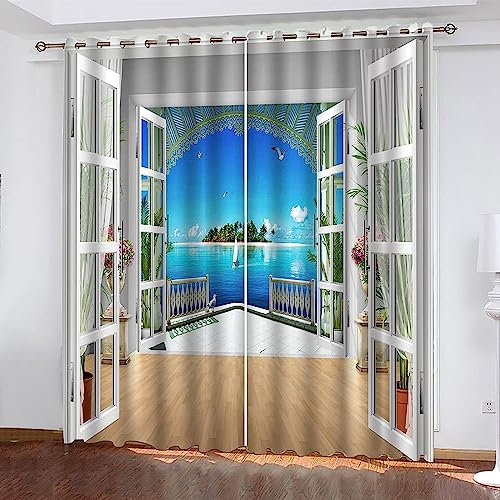 Vorhang, Kinderzimmer, 3D Balkon Blauer Meerblick 2 X 85 X 200 Cm Kindervorhänge Mit Ösen, Polyestervorhänge, Wärmeschutzvorhang, Blickdichter Vorhang Mit Ösen, Kindervorhänge Für Wohnzimme -2Y9A6B9J7