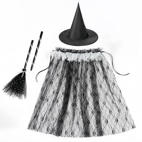 Proumhang Halloween Hexen-Kostüm-Set,Tüll Umhang Spinnennetz Cape Robe,Mesh Cape,Prinzessin Umhang,Halloween Kostüme für Baby Mädchen,Umhang+Besen+Hut Stil 3