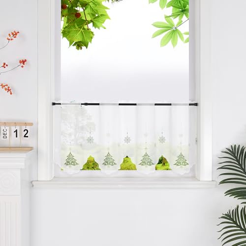 HeichkelL Voile Scheibengardine Bistrogardine mit Weihnachtsbaum und Schneeflocken Weihnachten Kurzstores Transparente Gardine Stangenlöcher Grün HxB 60x120 cm