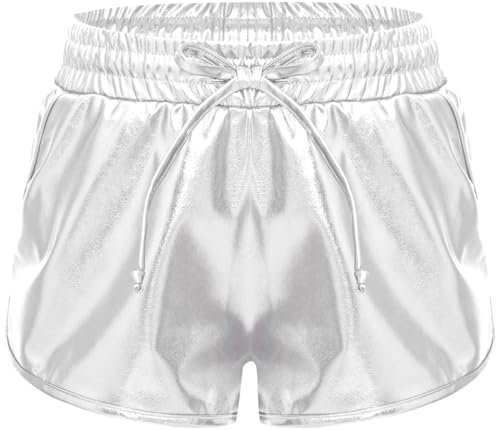 dPois Mädchen Glänzend Tanz Shorts Sportshorts Kurze Hose Sporthose mit Gummizug Kordelzug Kinder Hip Hop Jazz Streetdance Outfit Silber 134-140