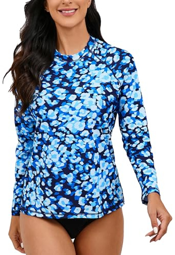 Halcurt Womens Long Sleeve Rash Guard Swim Shirts with Built in Bra UPF50+ Sun Protection Swimsuit Top Blue Floral S